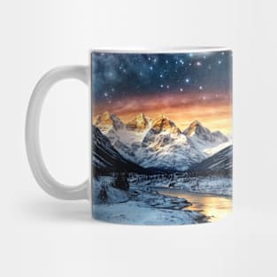 Frozen River in the Mountains Under a Starry Sky - Landscape Mug